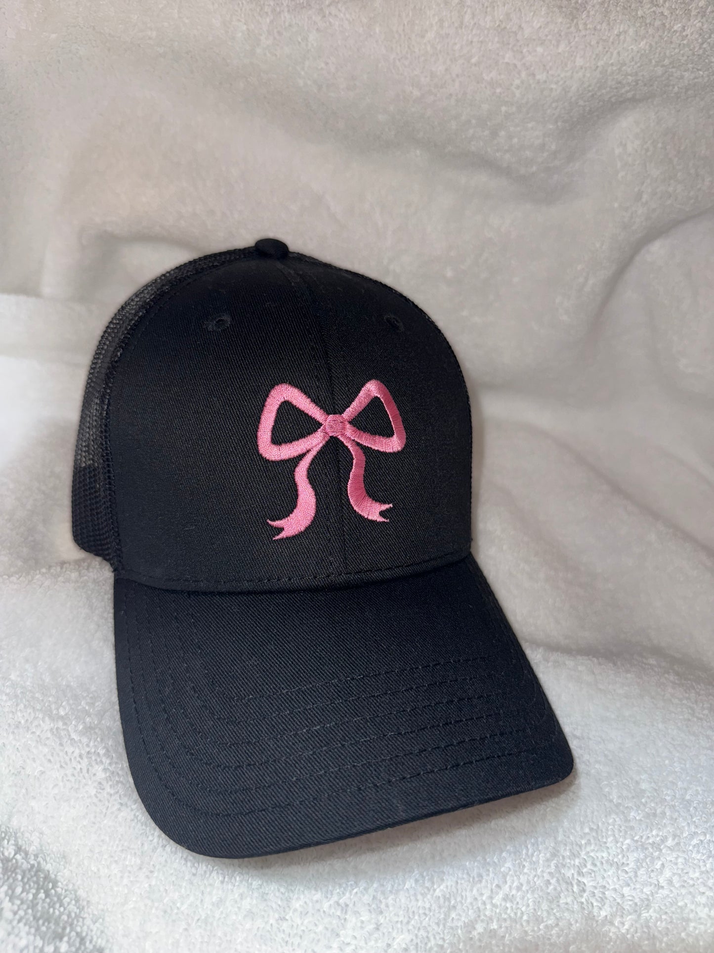 Customizable Embroidered Trucker Hat with Pink Bow Ribbon